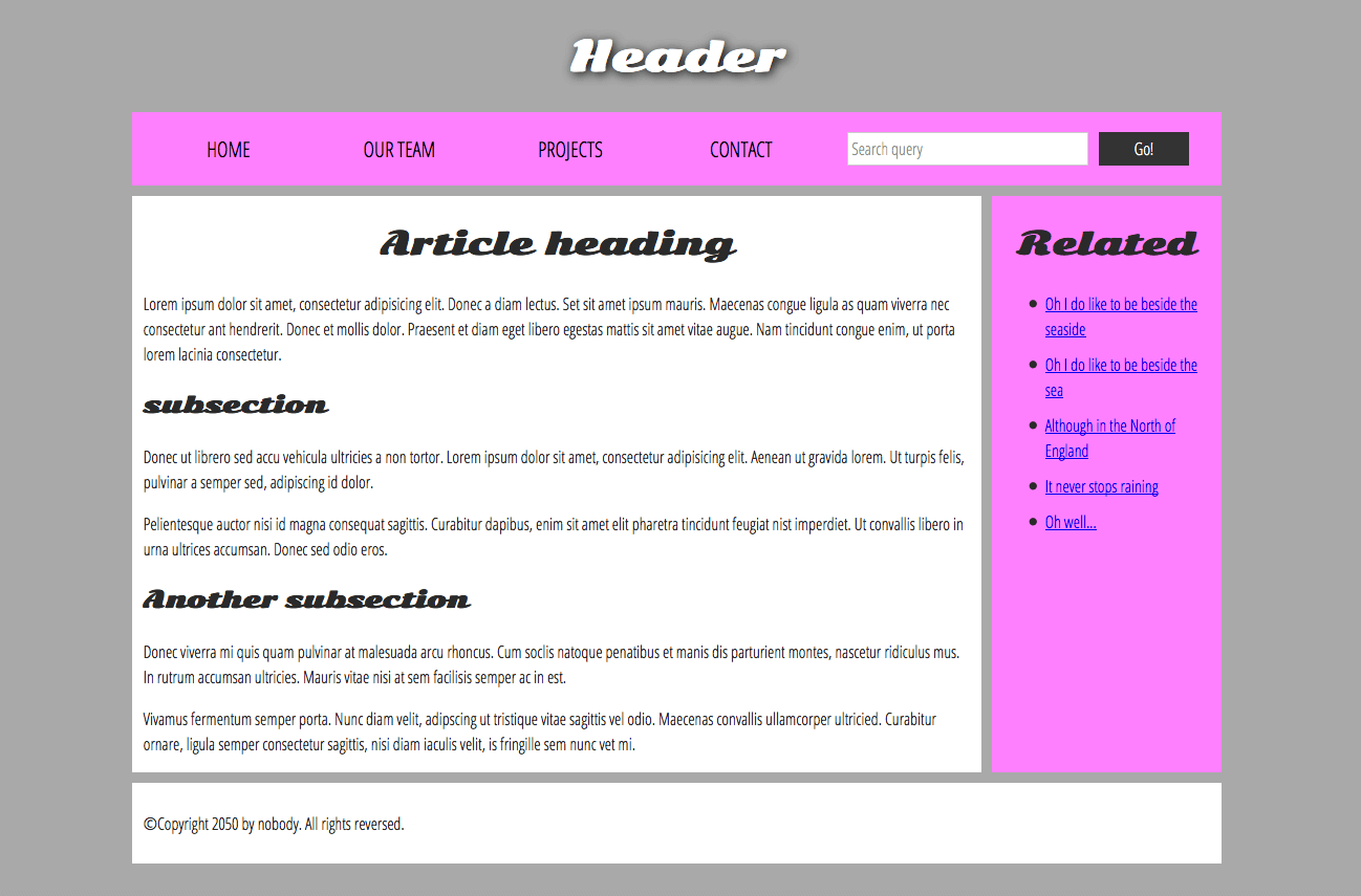 Beispiel für eine einfache Website-Struktur mit einer Hauptüberschrift, einem Navigationsmenü, Hauptinhalt, Seitenleiste und Footer.
