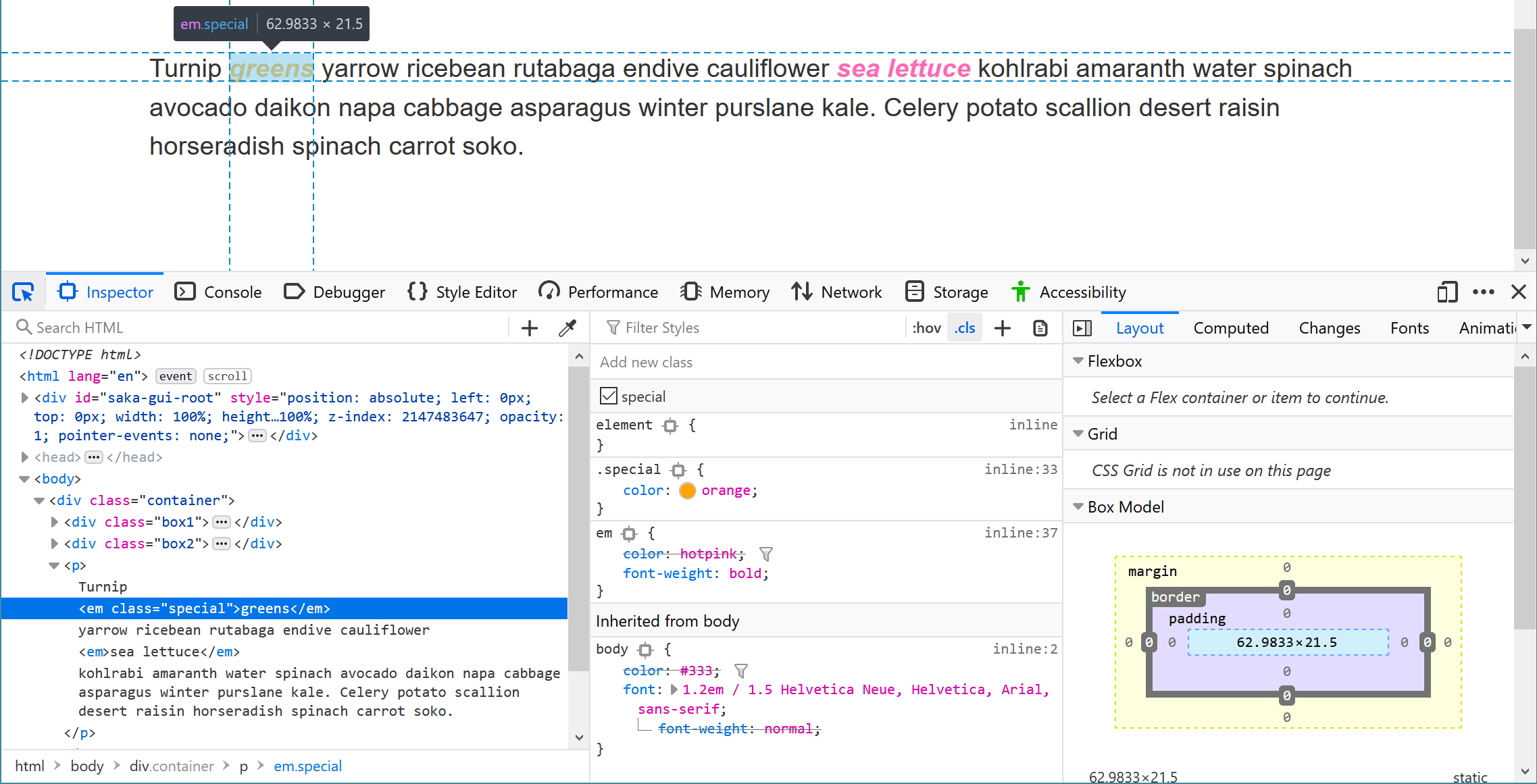 Auswahl eines em und in DevTools nachschauen, was die Farbe überschreibt.
