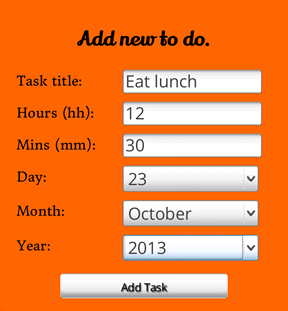Das Formular der To-do-App, das Felder enthält, um einen Aufgabentitel einzugeben, sowie Minuten-, Stunden-, Tages-, Monats- und Jahreswerte für die Frist.