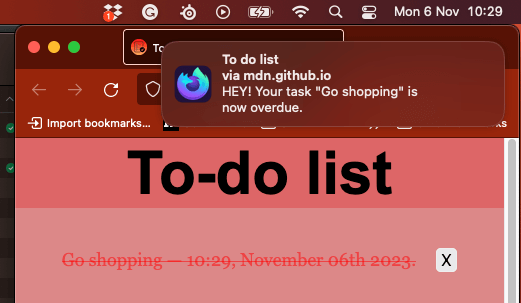 Desktop-Benachrichtigung: To-Do-Liste über mdn.github.io HEY! Ihre Aufgabe „Einkaufen gehen“ ist jetzt überfällig