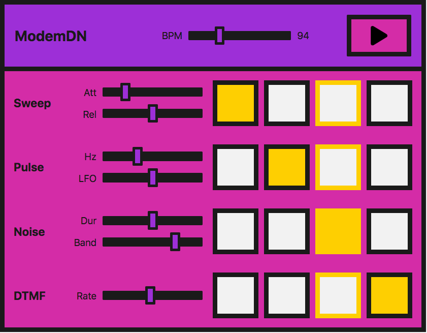 Eine Sound-Sequenzer-Anwendung mit Wiedergabe- und BPM-Masterkontrollen sowie 4 verschiedenen Stimmen mit individuellen Steuerelementen.