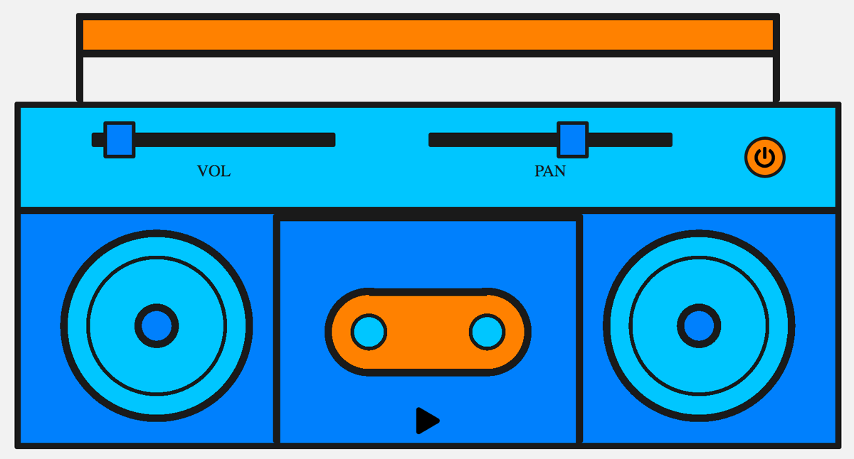 Ein Boombox mit Wiedergabe-, Panorama- und Lautstärkereglern