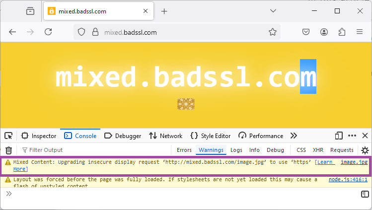 Bildschirmfoto der Web-Konsole, die Upgrade-Warnung für gemischtes Inhaltsbild anzeigt.